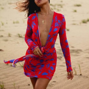 Print Red Dress Tie up Long Sleeve Deep V Neck Mini Dresses for Women Casual Beach Party Wear Ladies Bodycon
